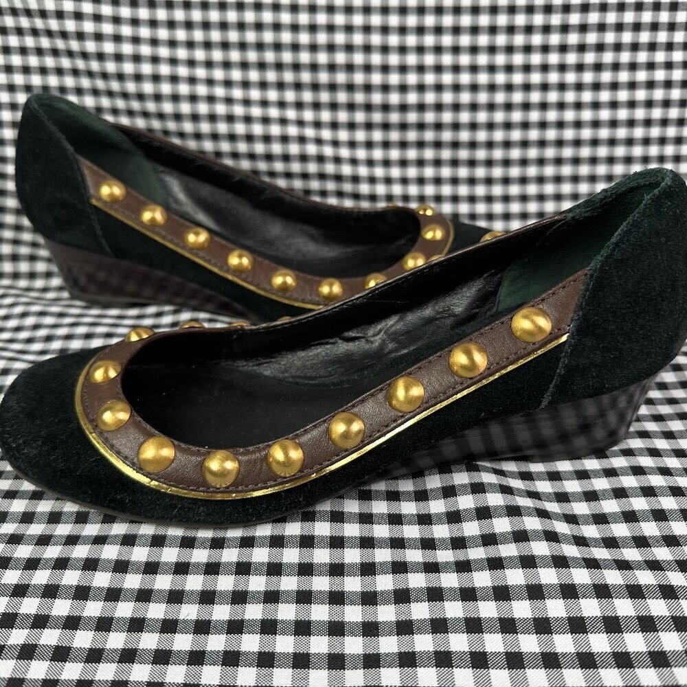 Tory Burch Studded Suede Wedge Heel Suede Black Gold Studs Women's Size 7